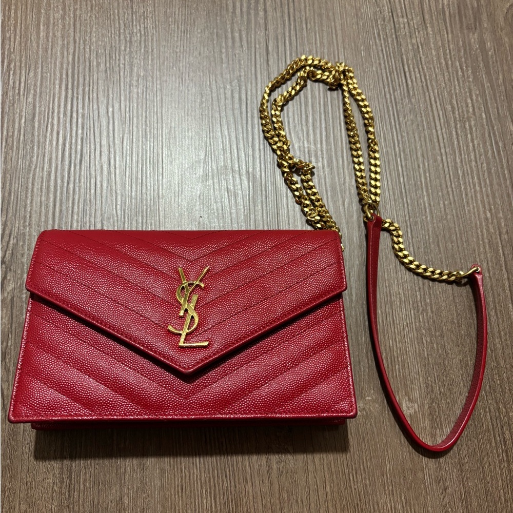 Saint Laurent Red Crossbody with Gold Chain!